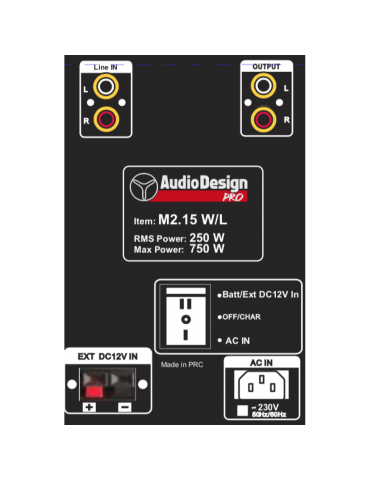 AUDIODESIGN M2 15W/L Cassa Attiva 15'' a batteria 750W Bluetooth + 2 Microfoni wireless